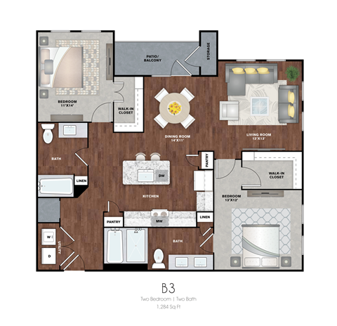 Floor plan for 2 beds, 2 baths, 1284 sqft